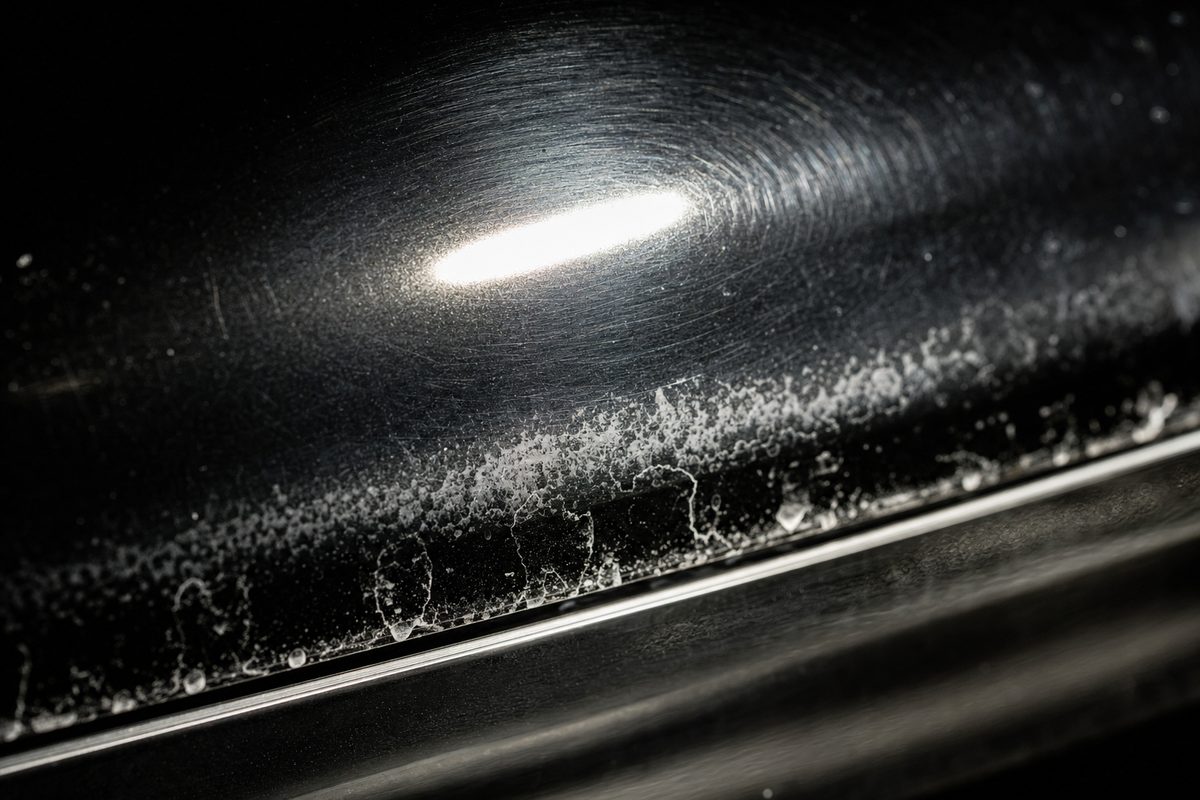 Micro-rayures et sel de route sur une peinture noire, vues sous lumière rasante